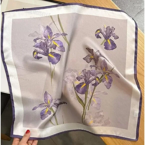 Floral Elegant Women Scarf Bandana Green Purple Vintage Silk Appaerance Top - Picture 5 of 6